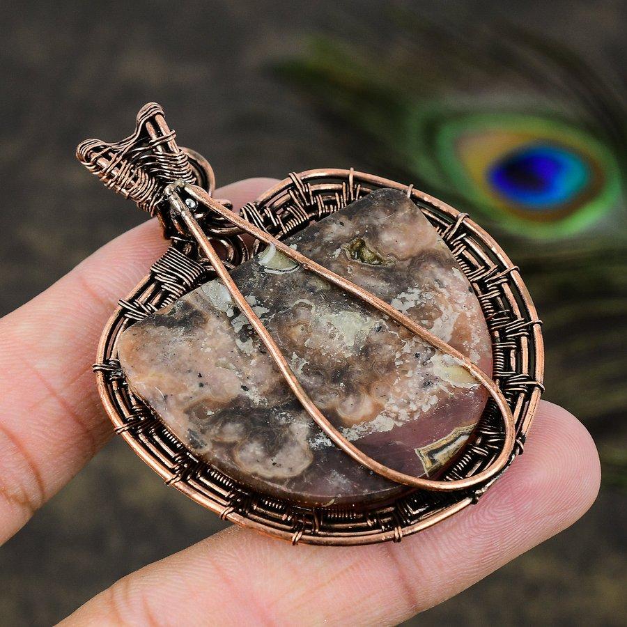 Rhodochrosite Gemstone Copper Wire Wrap Jewelry Pendant 2.56