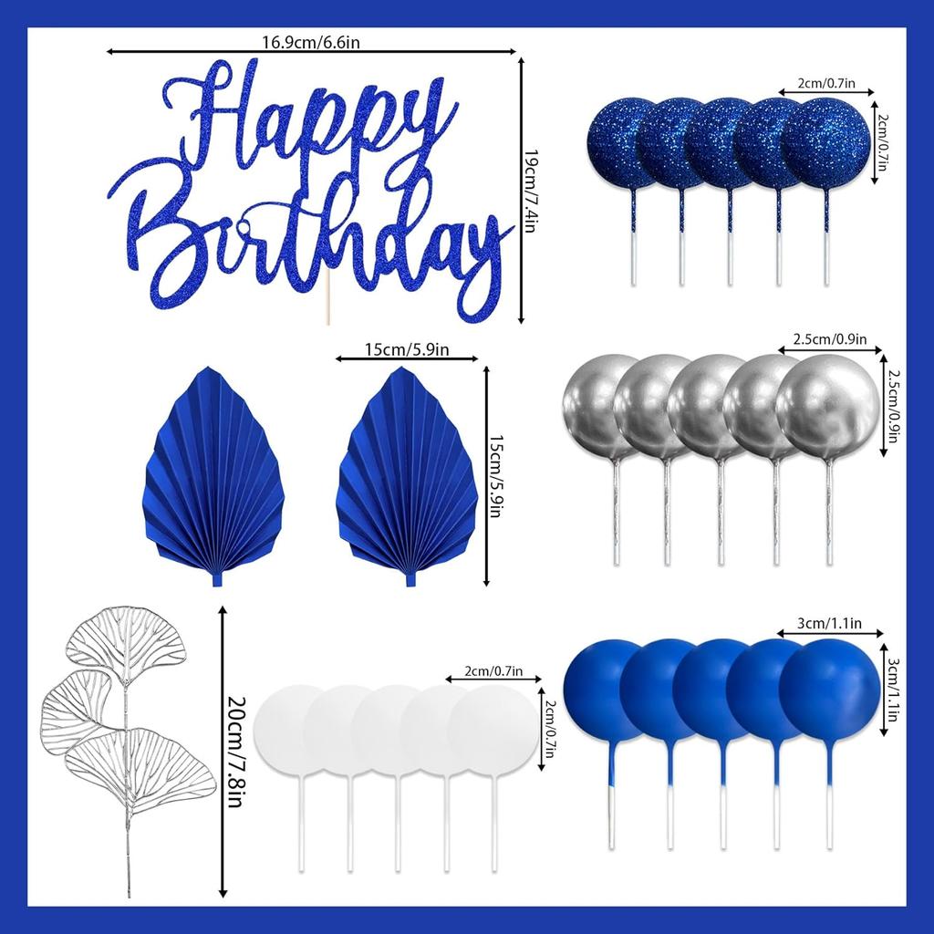 Blue White Silver Balls Cake Toppers Boho Cake Topper Blue Cake Decorations for Birthday Baby Shower Gender Reveal Party