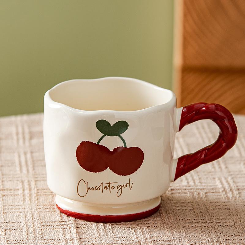 Medium Retro High value Cherry Plaid Ceramic Mug Home Casual Cup Milk Breakfast Cartoon Creativity