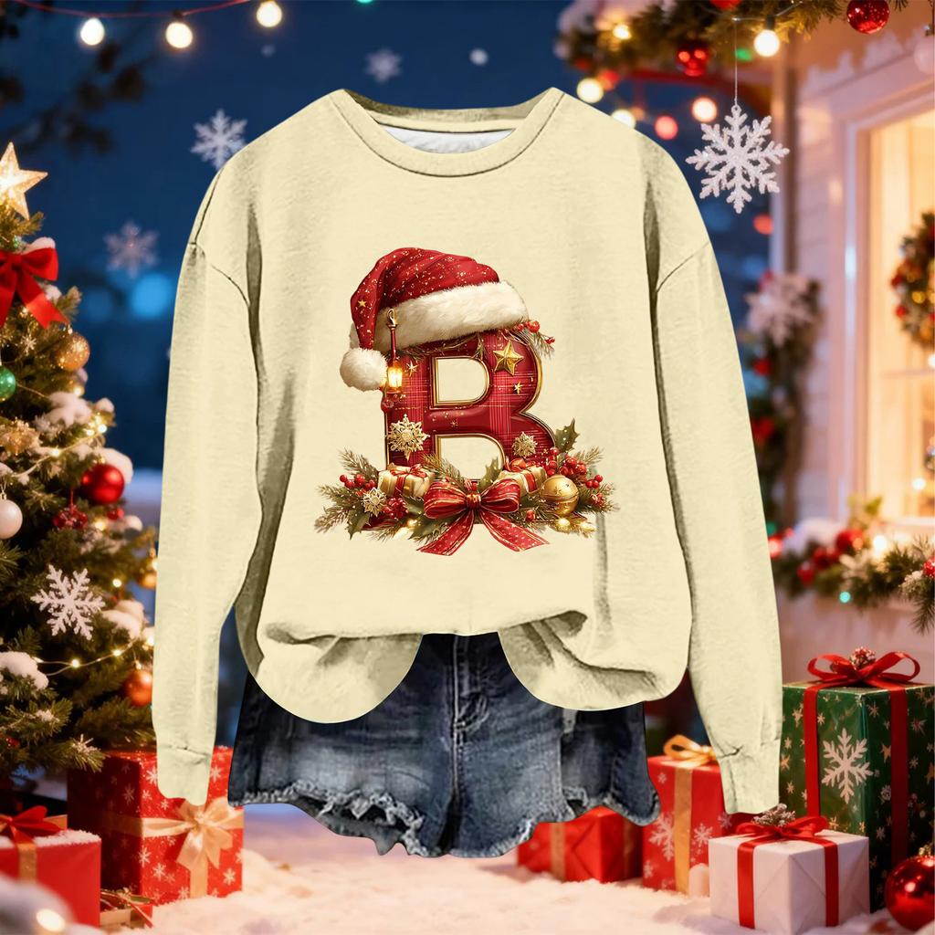Women's Fashionable Casual Long-Sleeved Christmas Letter Print Crew-Neck Sweatshirt