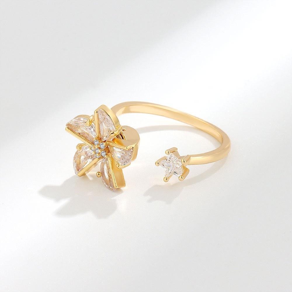 Star Rhinestone Flower Opening Ring Zircon Crystal Flower Ring Elegant Rotatable Ring For Women