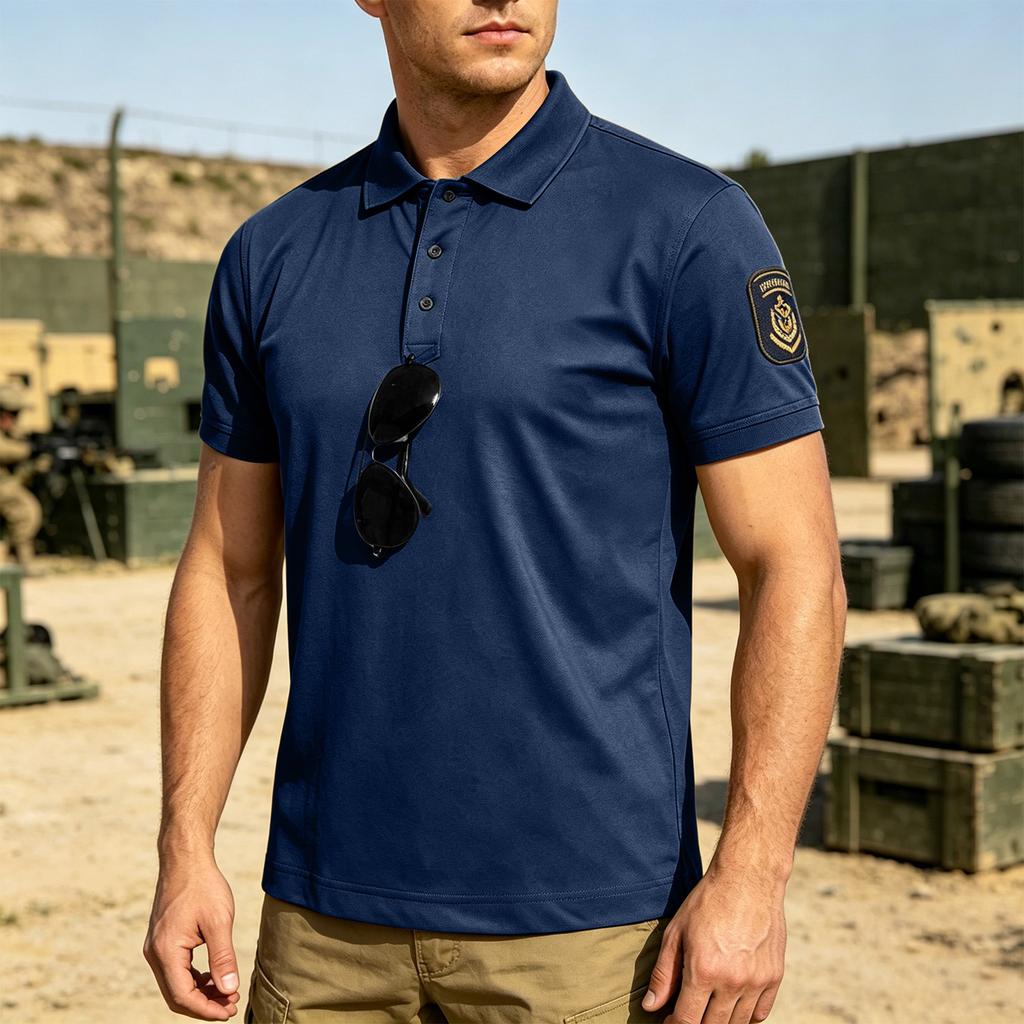 Men's Tactical Quick Dry Polo Shirt Loose Fit Breathable Outdoor Short Sleeve Shirt with Hook and Loop Collar for Casual Use