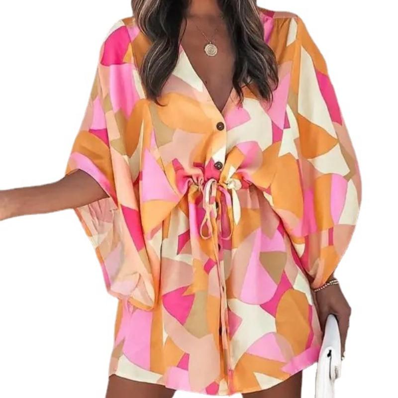 BITCED Women's Summer Batwing SleeveV-neck Lace-up Casual Resort Dresses