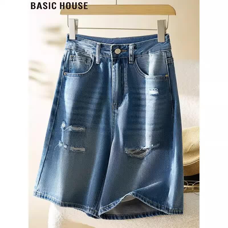 Basic House Women s Ripped Straight-Leg Denim Shorts S