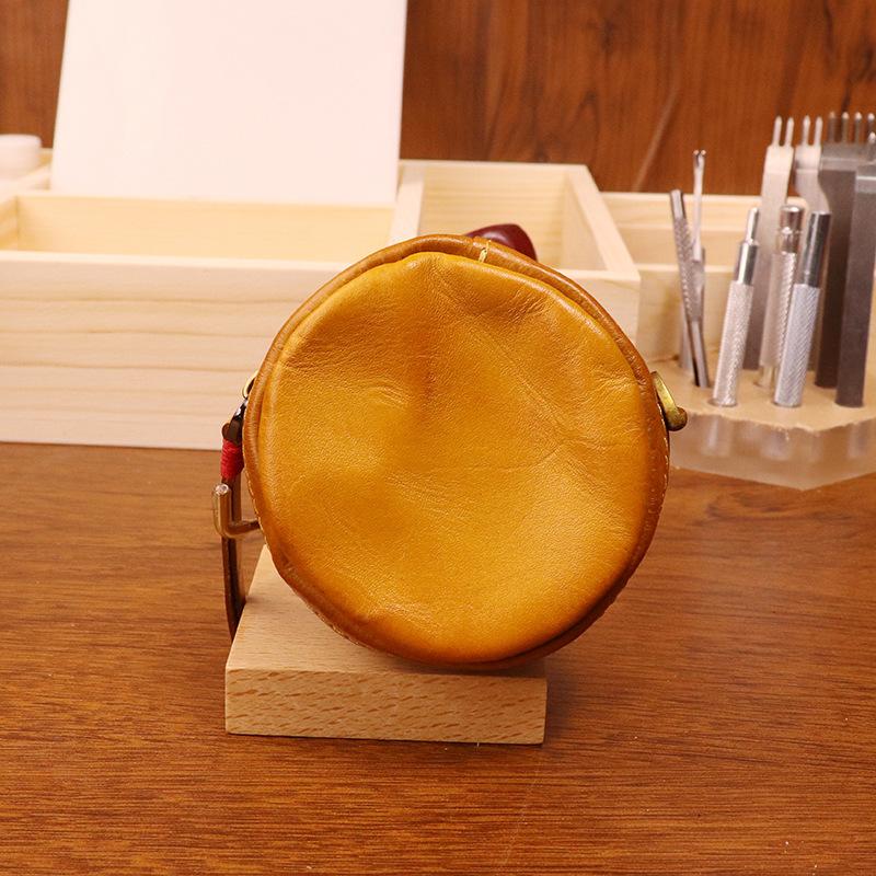 Vegetable Tanned Cowhide Coin Purse, Vintage Handmade Color Polishing, Vintage Round Personalized Coin Bag, Headphone Bag, Compact for Women