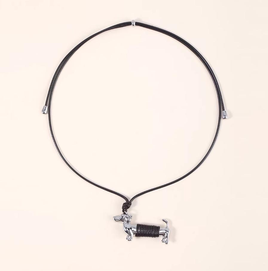 Trendy Dachshund Pendant Necklace: European, American Fashion, Versatile Long Design with Wax Rope