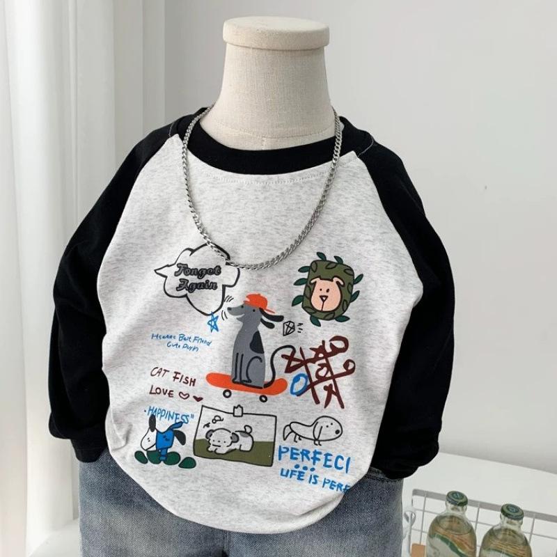 Kids Cotton Long Sleeve T Shirt Spring Autumn Cartoon Patchwork Top Casual Base Layer For Boys And Girls