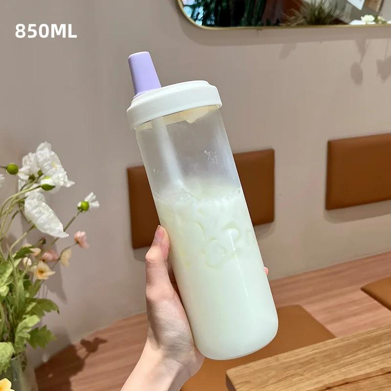 500/850ml Large Capacity Water Bottles Milk Juice Glass Cup with Lid Straw Bubble Tea Coffee Cups Drinkware Transparent