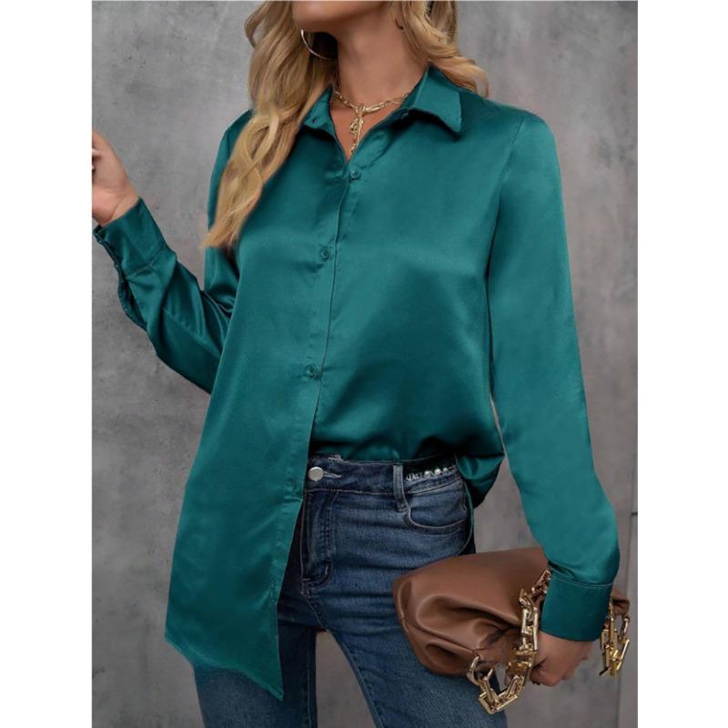 Women Solid Color Loose Satin Long Sleeve Faux Silk Commuter Button Shirt