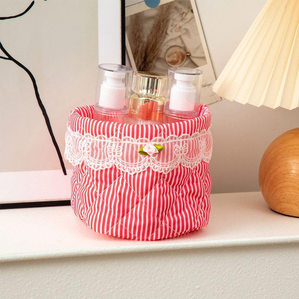 Trendy Quilting Cotton Desktop Storage Basket Lace Bowknot Decor Large-capacity Storage Box Desktop Organizer Desktop