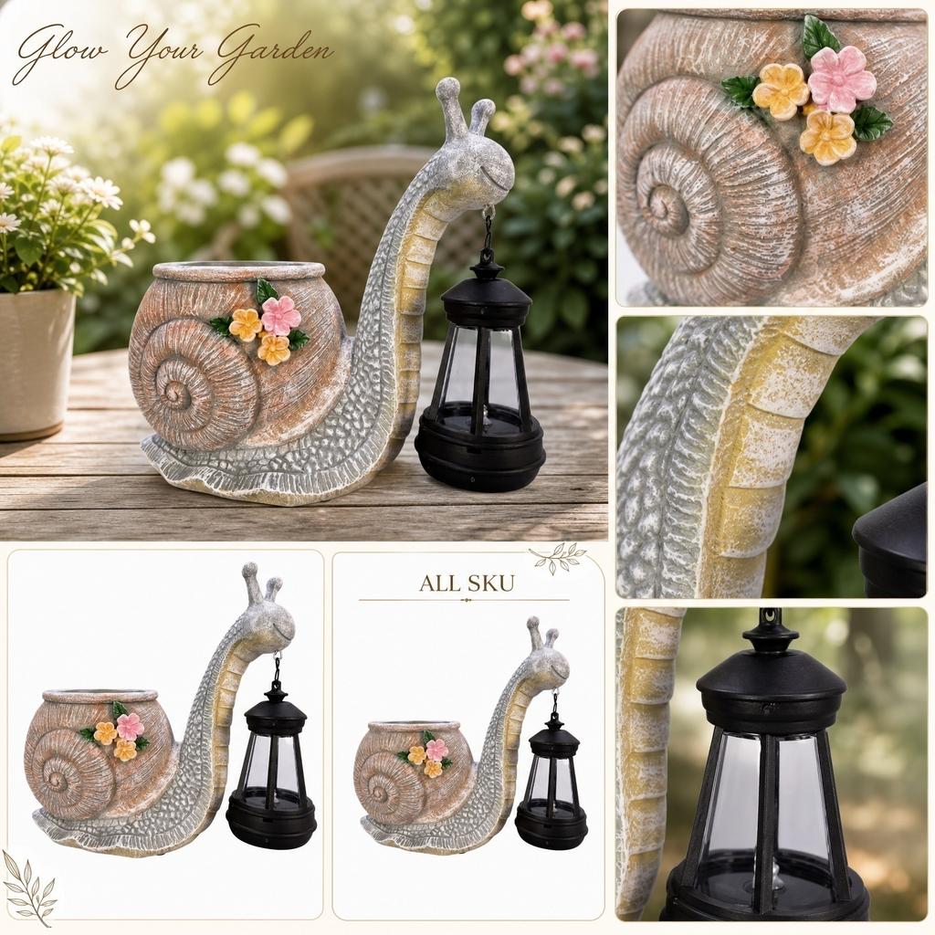 Solar Powered Snail Shaped Planter with Hanging Lantern Outdoor Garden Decoration Durable Resin Material Suitable for Patio Lawn Yard