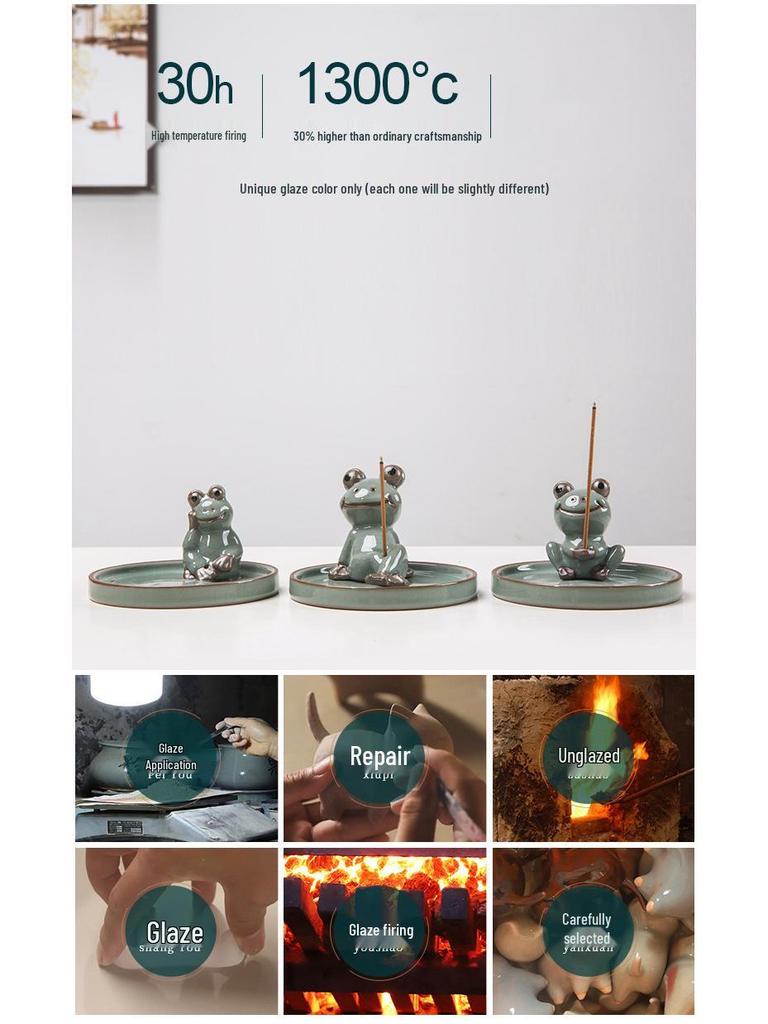 Zen Frog Ceramic Incense Burner and Holder - Ge Kiln Style for Home or Office Decor