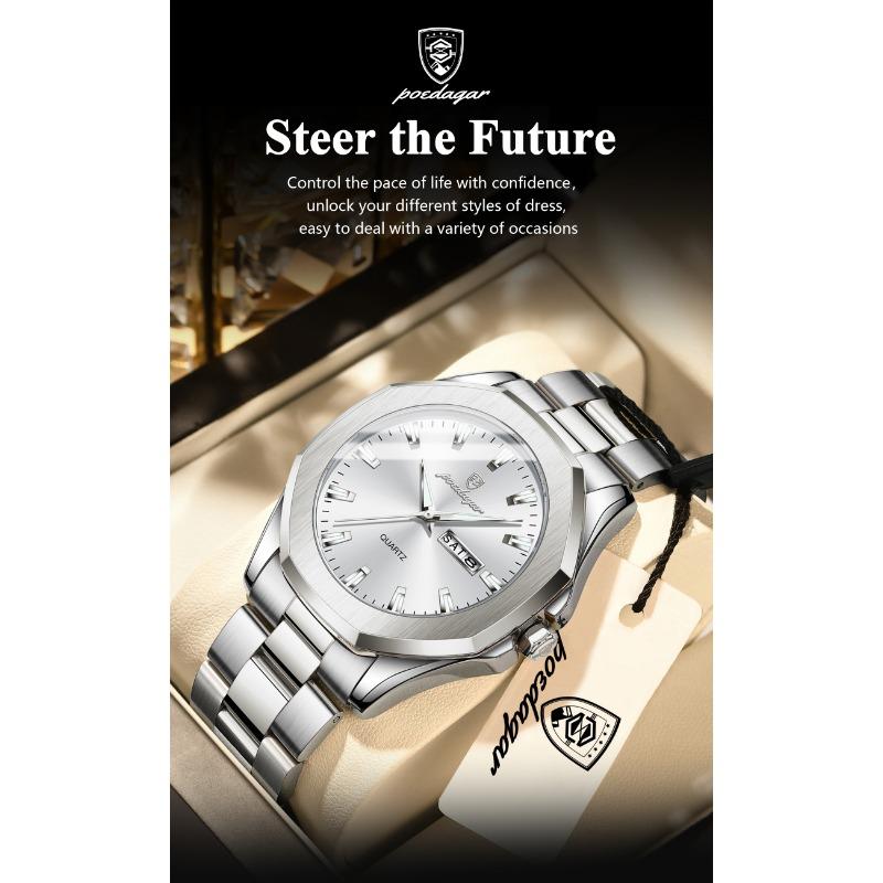 POEDAGAR Luxury Men Wristwatch Waterproof Luminous Week Date Casual Clock Stainless Steel Quartz Fashion Watches Reloj