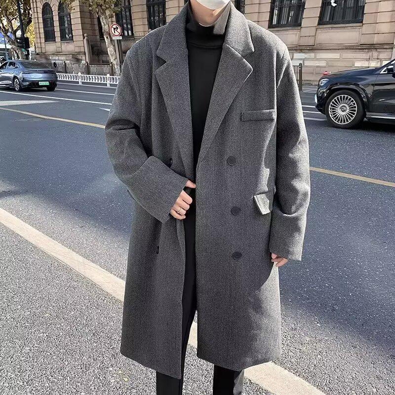 British Style Men's Mid-Length Double-Breasted Woolen Coat with Lapel – Winter Over-the-Knee Thick Outerwear.