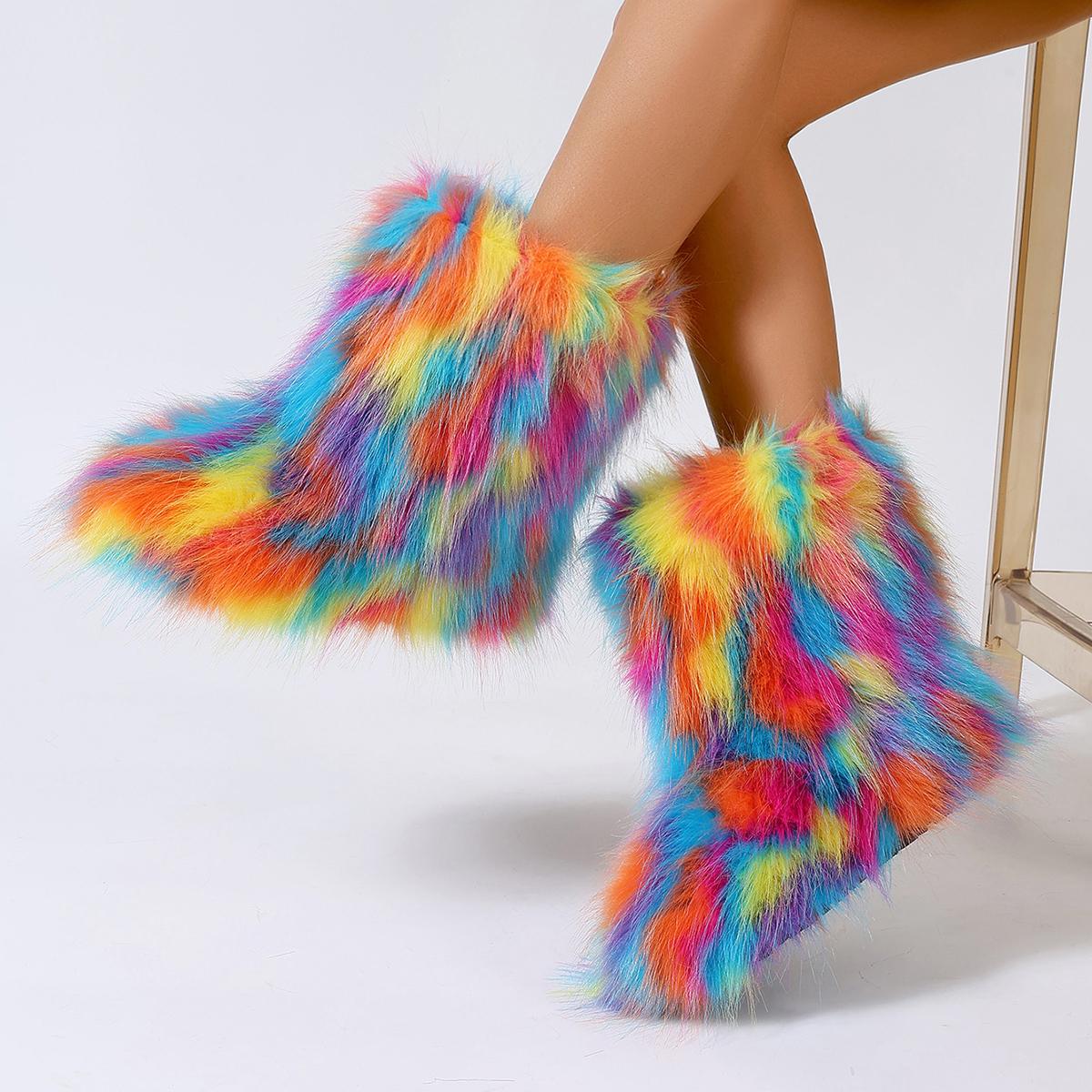 

Модные женские ботинки 2025 Новые плюшевые теплые зимние ботинки Пушистые ботинки из искусственного лисьего меха Женские роскошные удобные ботильоны Модная обувь для женщин 36