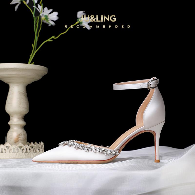 Fashion White Silk Rhinestone Pointed High-heeled Shoes, New Rhinestone Wedding Shoes, Bride's Shoes, One Piece with Toe Cap Sandals