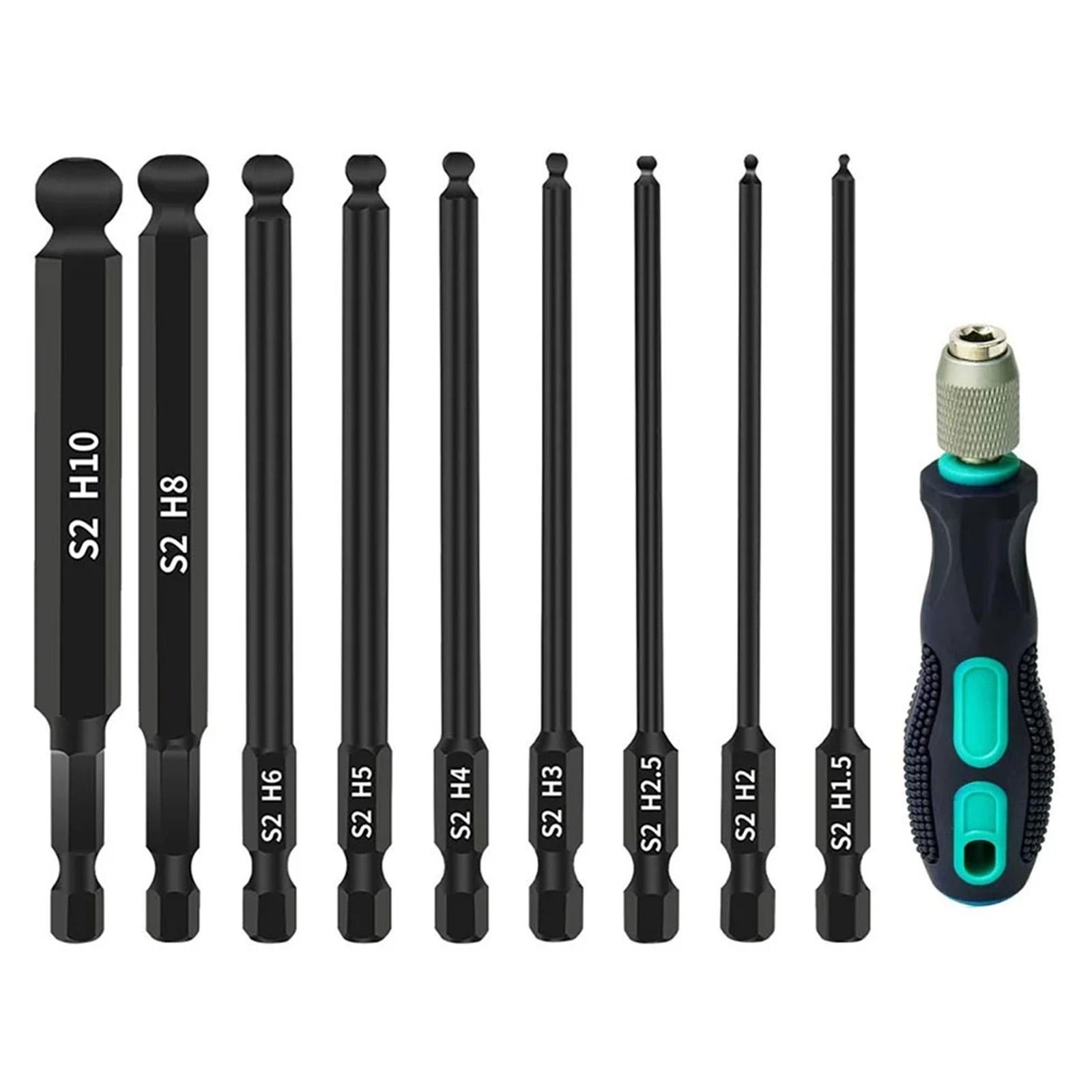 

10Pcs/Set H1.5/2/2.5/3/4/5/6/8/10 Ball Head Hex Shank Magnetic Bits with Screwdriver Handle Type A