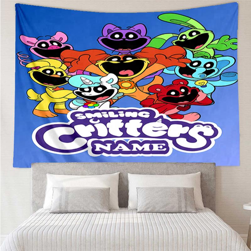Custom Name Smiling Critters Print Tapestry, Backdrop, Easy Setup, Ideal for Bedroom, Office & Living Room, with Aesthetic Wall Hanging Decor.
