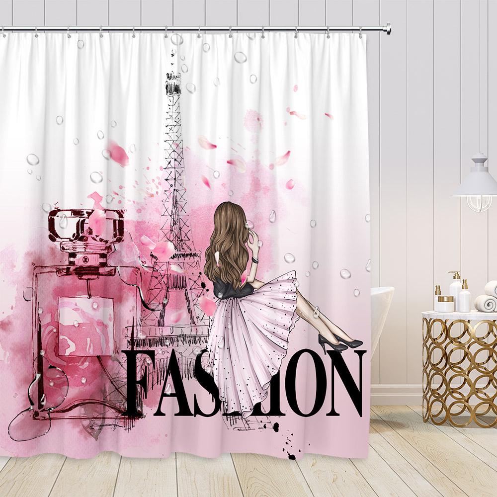 Pink Perfume Fashion Shower Curtains Cosmetics High-heels Dress Floral Bathroom Decorations Girl Vintage Bath Curtain with Hooks