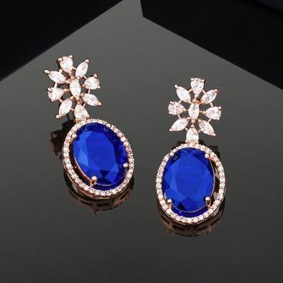 Beautiful Women's Drop Earrings with Rose Gold Plated, CZ and Blue Stones