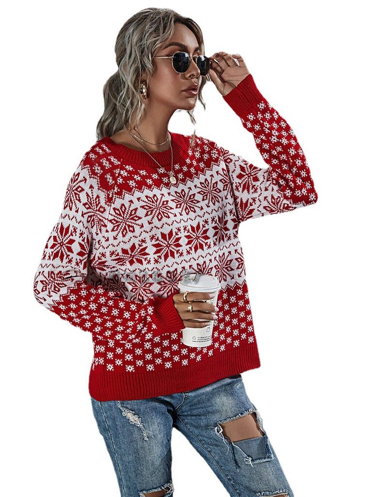 Snowflake pattern splicing knitted sweater women's 2020 winter European and American style commuting loose pullover acrylic sweater