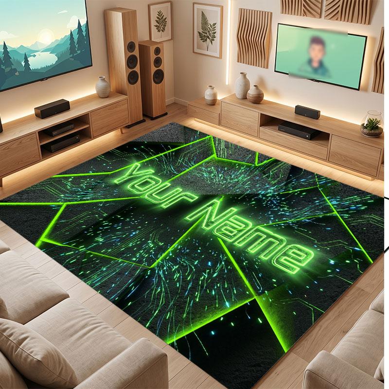 City Cyberpunk Theme Crystal Velvet Floor Rug Personalized Custom Name Text Warm Carpet Home Decoration
