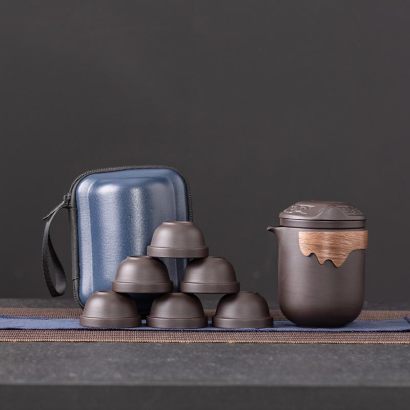 

Дорогой дорожный чайный набор из пурпурной глины, портативный экспресс-чайник для путешествий на открытом воздухе, один чайник и шесть чашек, памятные деловые праздничные подарки