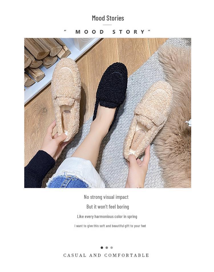 Women's Thick-Soled Furry Loafers, Autumn & Winter Lamb's Wool Bean Shoes, Plus Velvet Cotton, Sizes 41-43 Available