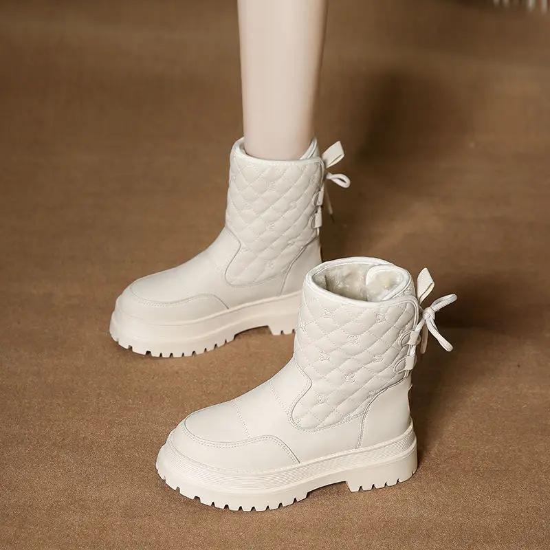 Fashion Black Elegant With Medium Heels Woman Shoes Mid Calf Lace-up Round Toe Y2k Goth Footwear Work New Rock Sale Snow Boots for Women