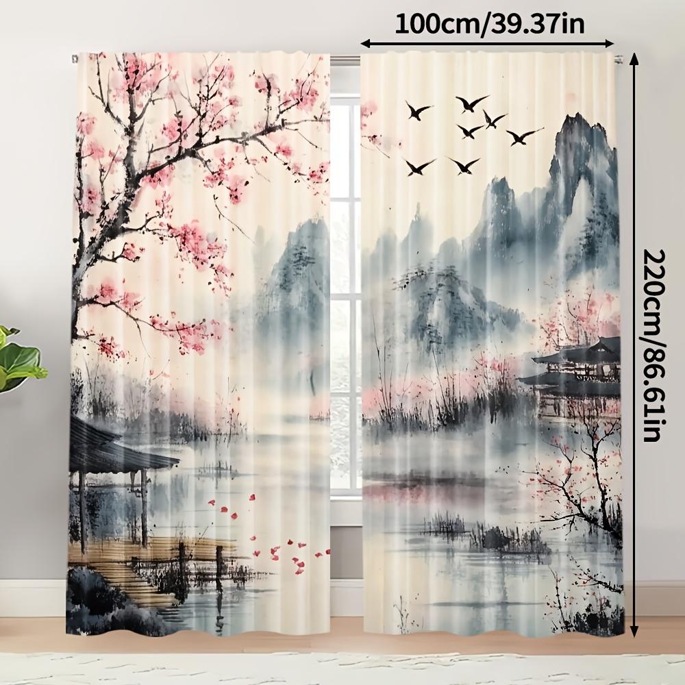 2PCS Asian Scenery Sheer Curtains Cherry Blossom Mountain Pagoda Rod Pocket for Living Room Bedroom Office (Rod Not Included)