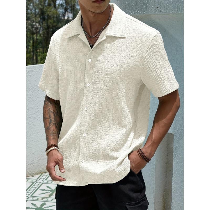 

Men Dark Green Textured Fabric Short Sleeve Button Down Casual Summer Beach Shirt S белый