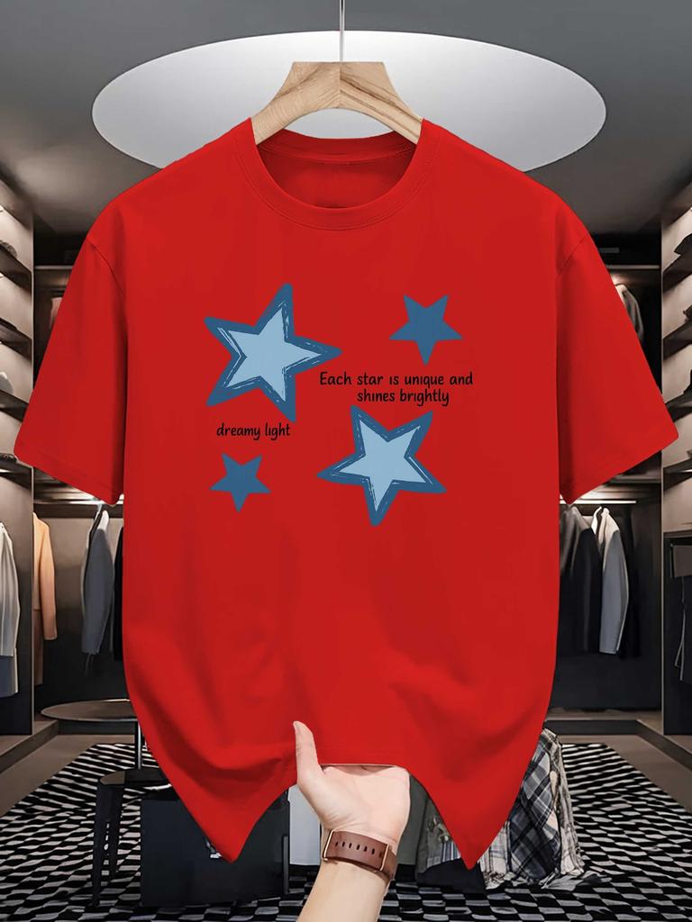 Unisex Cotton Tee Hand Drawn Blue Star Slogan Graphic Print Loose Breathable Summer Crew Neck Casual Street T Shirt Unisex Daily Wear