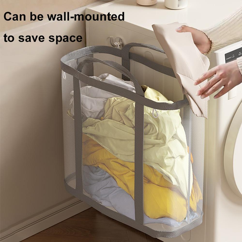 Nylon Mesh Laundry Basket Large Capacity with Handle Breathable Folding Portable Dirty Clothes Organizer Bags Toys Storage Bag