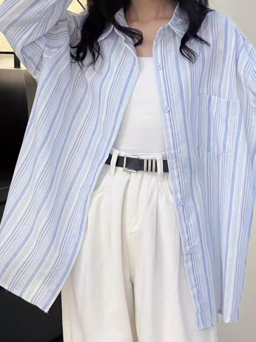 

Женская полосатая рубашка с отложным воротником - Свободный крой, Стройнящая, Длинный рукав, Корейский стиль для весны/осени Extra Large синий