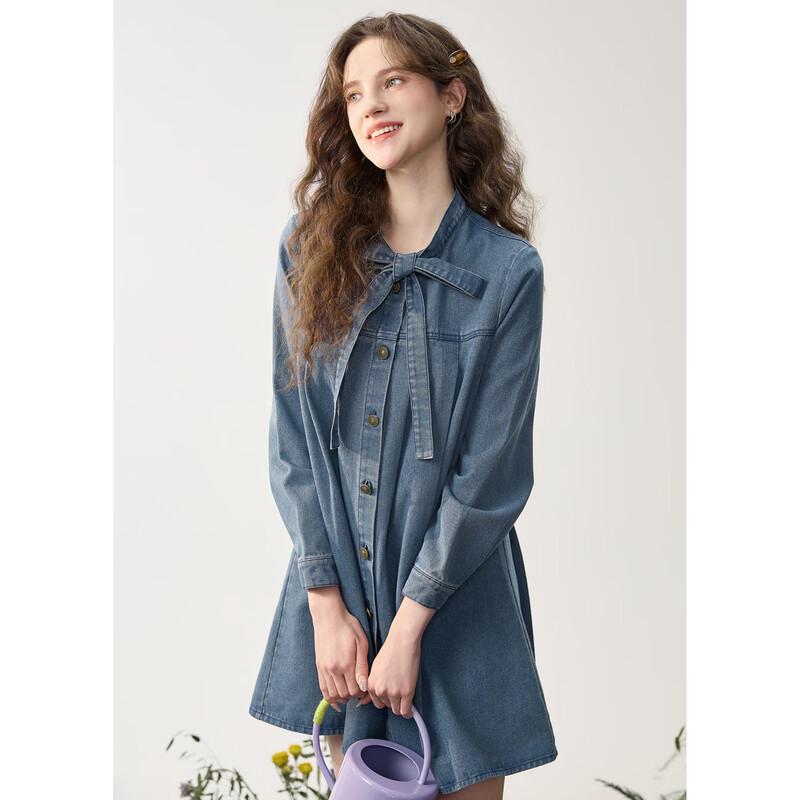 TonLion 2026 Spring Women's Ribbon Denim Dress