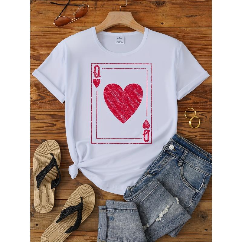 Women's Queen of Hearts Print T-Shirt Casual Short Sleeve Crew Neck Spring Summer Top