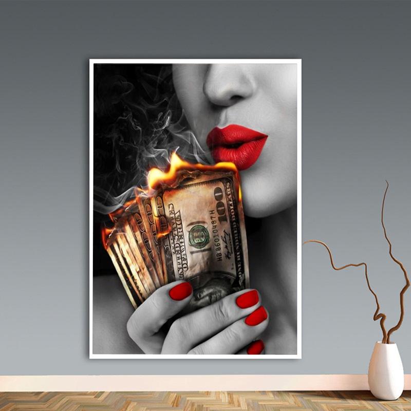Art Red Lips Canvas Painting Print Pictures Lovers Girl Fire Money Wall Art Poster Modern for Living Room Office Bar Home Decor