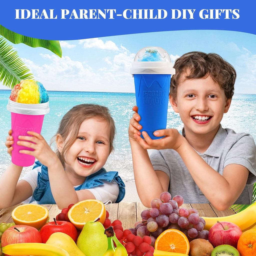Slushie Cup, 2 Pack Slushy Maker Cup, Frozen Magic Squeeze Cups for Juice Milk Yogurt Ice Cream Make, DIY Smoothie Cooling Cup with Lid ,Straw