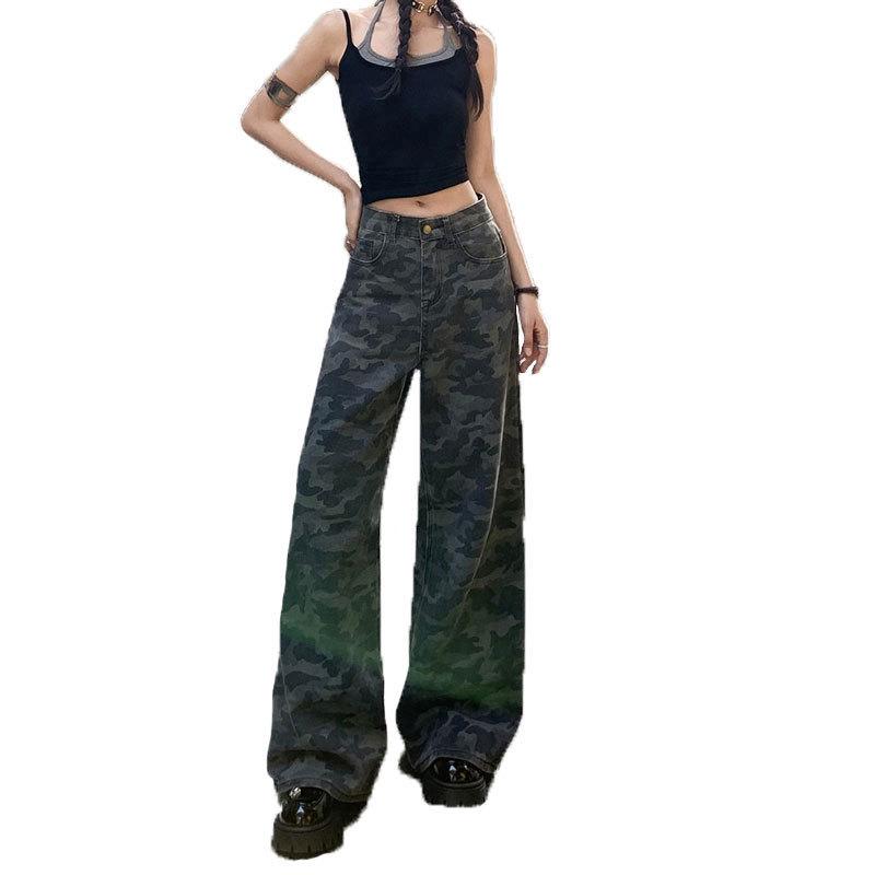 Women's High-Waisted Camouflage Cargo Jeans - Wide-Leg, Petite, Cool Street Style