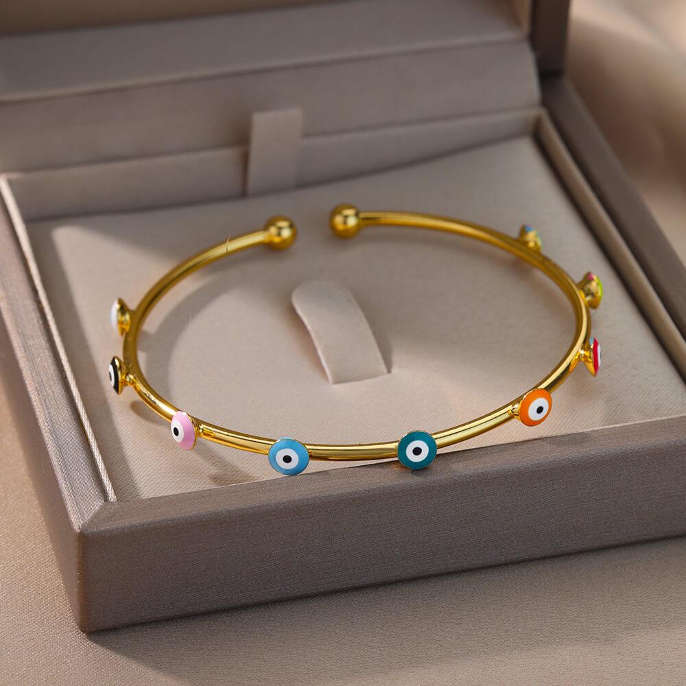 18K Gold Geometric Blue-Eyed Evil Eye Bracelet - Colorful and Versatile.