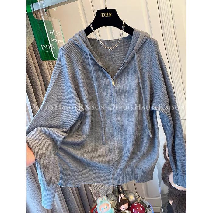 Plain Color Zipper Hooded Knit Jacket - Women's Casual Early Autumn Style