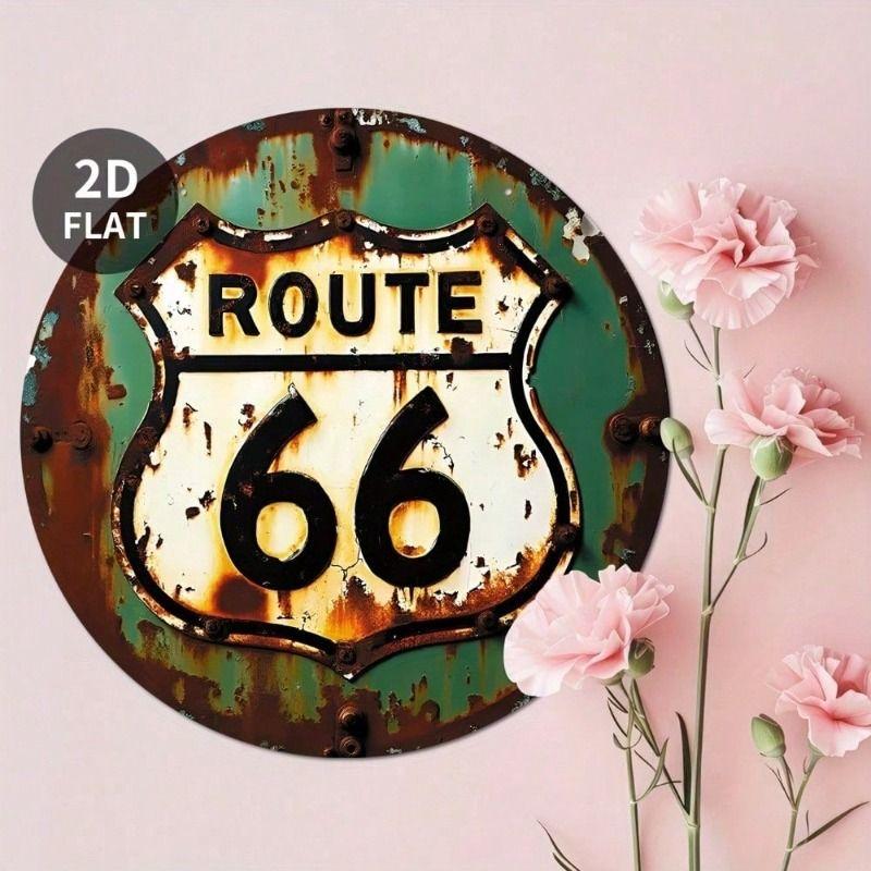 Vintage Round Metal Sign Route 66 Retro Green White Wall Decor
