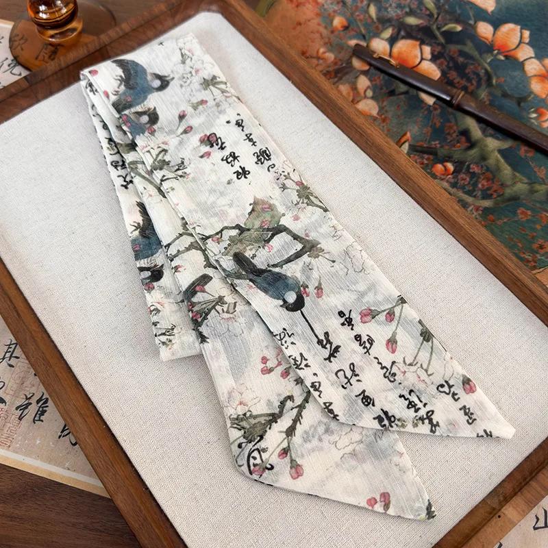 New Chinese Style Ribbon Headband Bow Hair Ring Hair Rope Butterfly Printing Silk Scarf Woman Tied Hair Turban Fashion Headdress