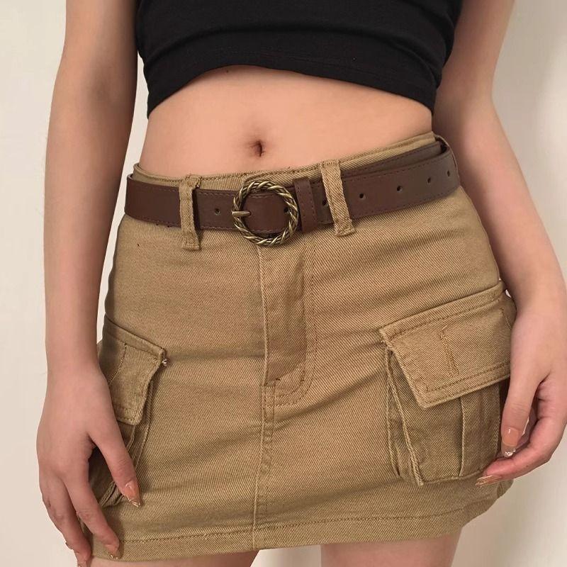 Black And Elegant Brown Pu Belts For Women With Decorative Round Buckles Stock In