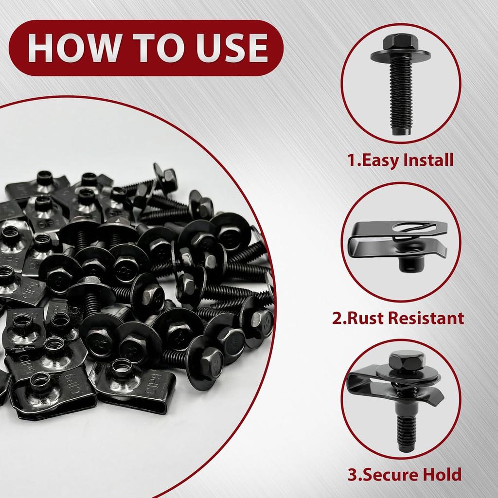 M6x1.0 Automotive Body Bolts/Screws & U-Nut Clips, Universal Engine Splash Shield, Fender Liner,Bumper, Fasteners Kit