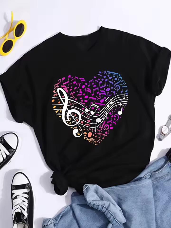 Women's Musical Notes Heart Treble Clef Music Round Neck T-Shirt 2026 New Summer Fashion Cute Women's Short Sleeved Top Y2K Top