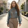 Ethnic Print Shirts Women Fall Cold Shoulder Shirt, Vintage High Casual Ruffle Top Collar Blouse, Lantern Sleeve Breathable Polyester