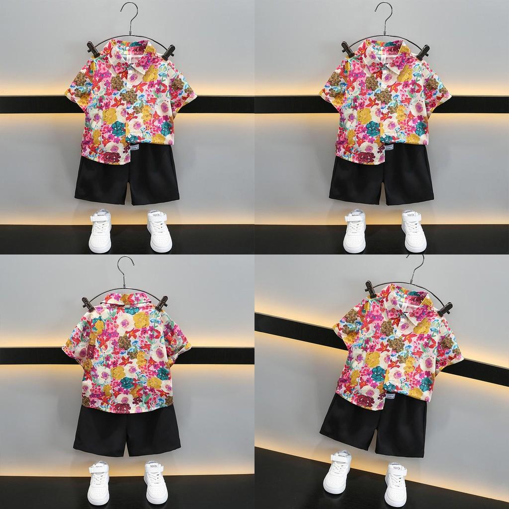 Stylish Boys Summer Short Sleeve Shirt Set For Kids With Floral Design And Soft Fabric