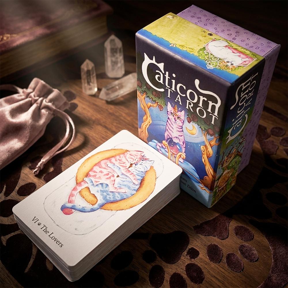 Caticorn Tarot Deck In Rigid Box, 78 Whimsical Watercolor Cat Cards 12*7cm Double-embossed, Indie Deck for Cat Enthusiasts