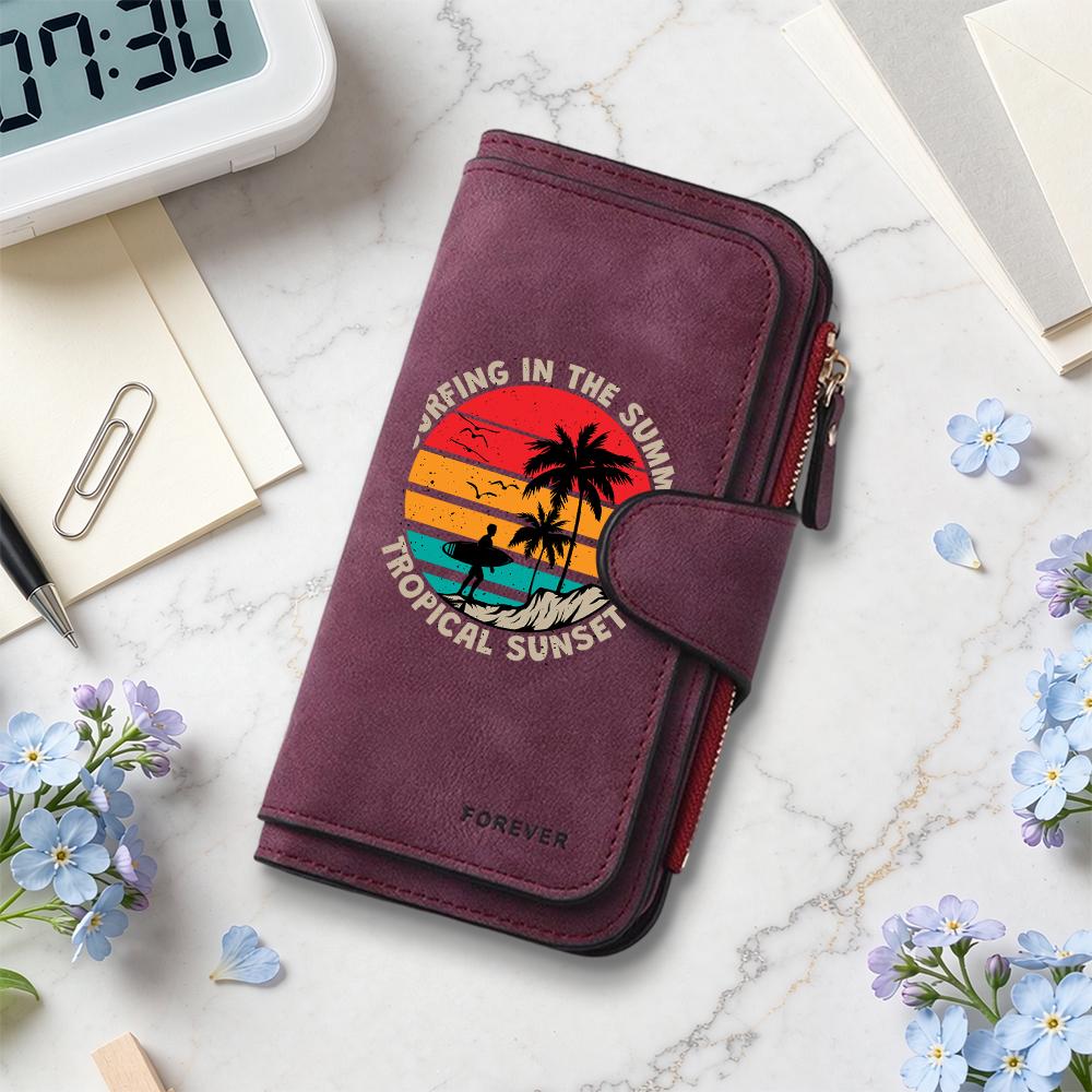 Vintage Surf Print Long Wallet Multi Card Slot Daily Casual Purse For Tropical Summer